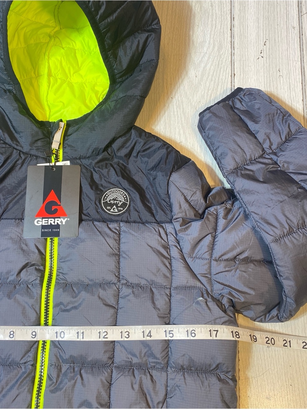 Gerry Boys Torque Puffer Jacket Hooded Iron Gray Neon Lime M (10-12) NWT - Picture 8 of 11